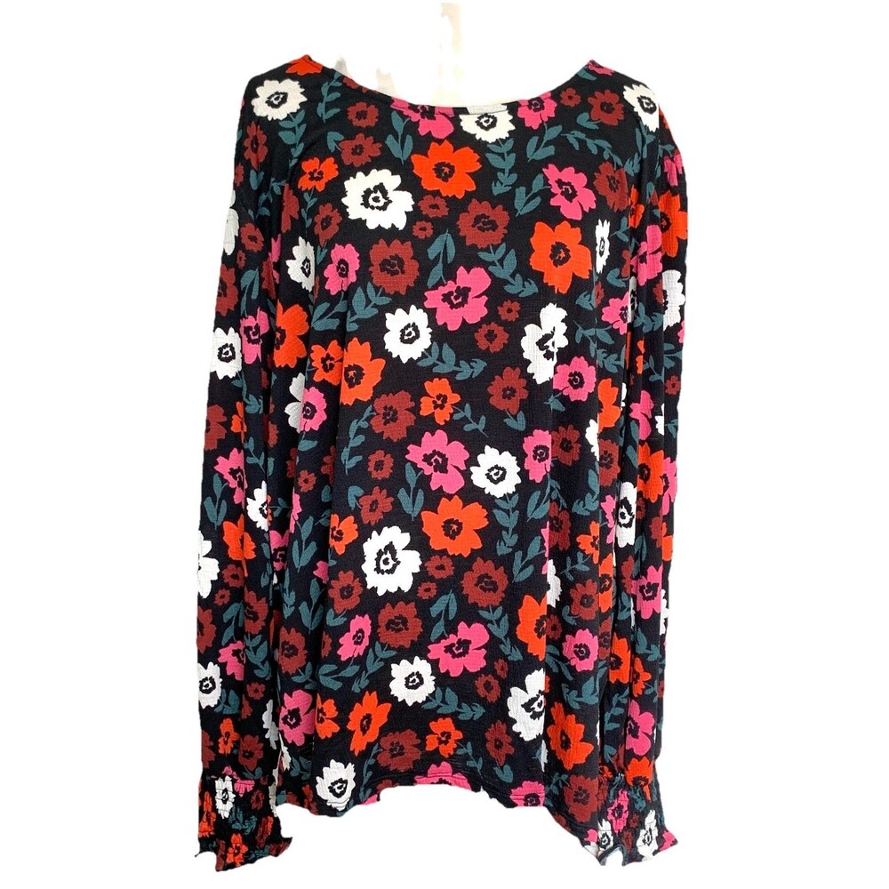 NWT LuLaRoe JOSEY Women's 3XL Black Red Floral Smocked Cuff Top Blouse Cut Out